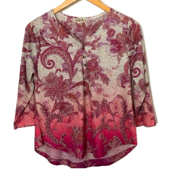 One World Linen BOHO‎ Paisley Henley Ombré Knit Shirt Top Blouse Petite MP NWOT - Picture 1 of 7